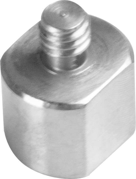 Lähikuva Kupo KS-052ST ruostumattomasta teräksestä valmistetusta 3/8"-16-kierteisestä naaras- ja 1/4"-20-kierteisestä sovittimesta, joka on tarkoitettu komponenttien liittämiseen tai kiinnittämiseen.
