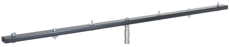 Kupo KS-056 The 6 lantern T-beam is a long, horizontal metal bar with evenly spaced bolts and wing nuts at the top and a vertical cylindrical connector mounted below it near the centre.