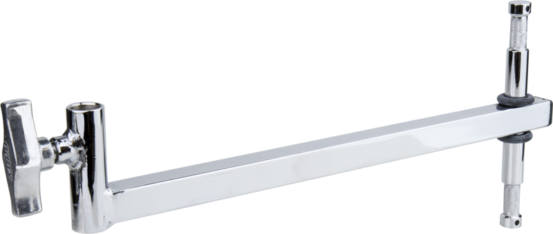 The Kupo KS-058 Baby Offset Arm is a shiny metal mounting bracket with adjustable arm and screw, designed for attaching equipment to support poles.