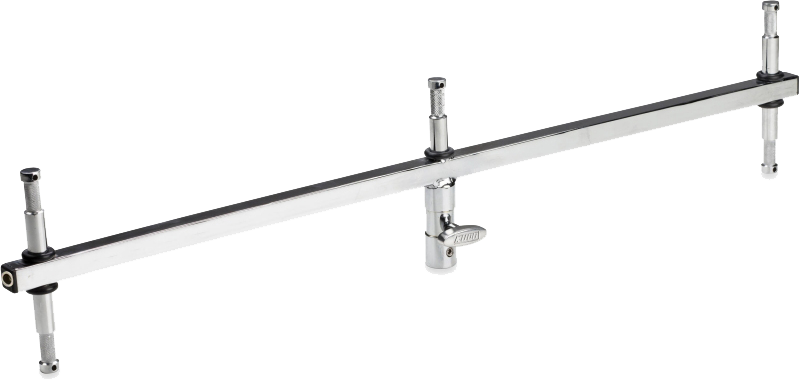 The Kupo KS-066 Baby Triple Header is a chrome-plated metal connector with multiple vertical connectors and a central valve, ideal for use under sinks for water distribution.