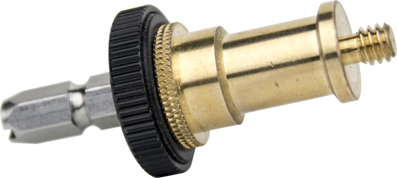 Lähikuva Kupo KS-086 Quick Release Adapter 5/8" ja 1/4 uroskierre (Top Mount), jossa on nupitettu säätörengas ja kierrepää.