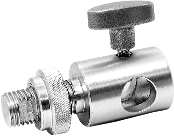 Kupo KS-093 5/8" Female Adapter for 4 Way Clamp on metallinen sovitin, jossa on nupukoitu kiristysnuppi ja sivureikä, joka on suunniteltu kameralaitteiden turvalliseen kiinnittämiseen tai liittämiseen.