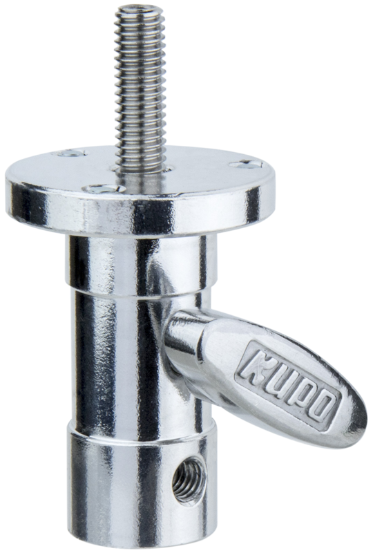 Kupo KS-097LB Baby Ball Head Adapterissa on kiiltävä metallirakenne, 3/8" kierteitetty pultti, pyöreä litteä pohja, jossa on neljä reikää, ja KUPO-merkitty sivukahva helppoa kiristämistä tai löysäämistä varten.