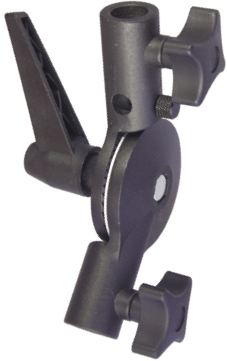 Kupo KS-101 Umbrella Swivel Bracket on musta säädettävä muovikiinnike, jossa on kaksi suurta peukaloruuvia ja litteä vipu, ihanteellinen kameravarusteiden tai valaistustarvikkeiden kiinnittämiseen tai kiinnittämiseen.