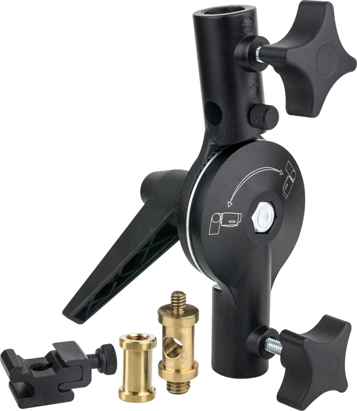 Kupo KS-101RP Rolypoly Counterbalanced Umbrella Swivel Bracket on musta kiinnike, jossa on kaksi säätönuppia, kääntyvä varsi ja useita messinkisiä kiinnityssovittimia erilaisten valokuva- tai videotarvikkeiden kiinnittämistä varten.