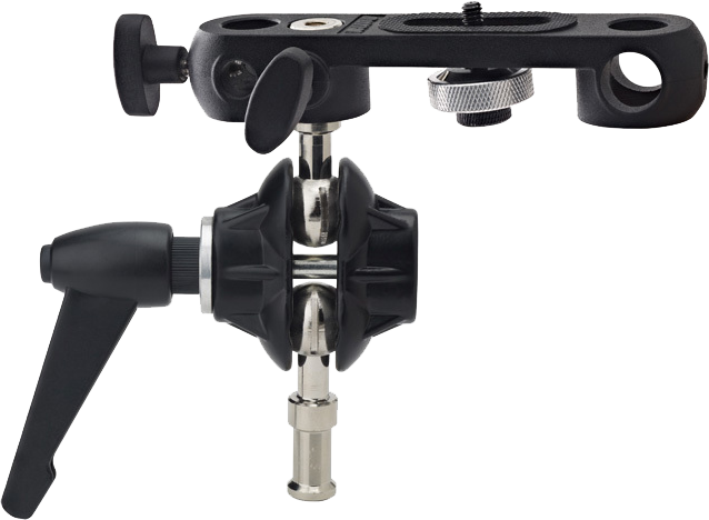 Kupo KS-104 Versatile Swiveling Adapter with KS-CB01 on musta-hopea metallinen kiinnitin, jossa on säädettävät nupit ja vivut ja joka on suunniteltu valokuvaus- tai videolaitteiden kiinnittämiseen tai kiinnittämiseen.