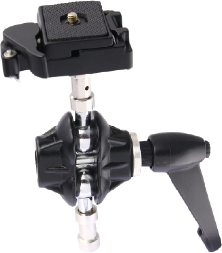 Lähikuva Kupo KS-105 Versatile Swivel Adapter with Quick Release Camera Plate -kameralevyllä varustetusta monikäyttöisestä kääntyvästä sovittimesta, jossa näkyy sen säätönupit, paikoituskahva ja pikavapautuslevy valkoista taustaa vasten.