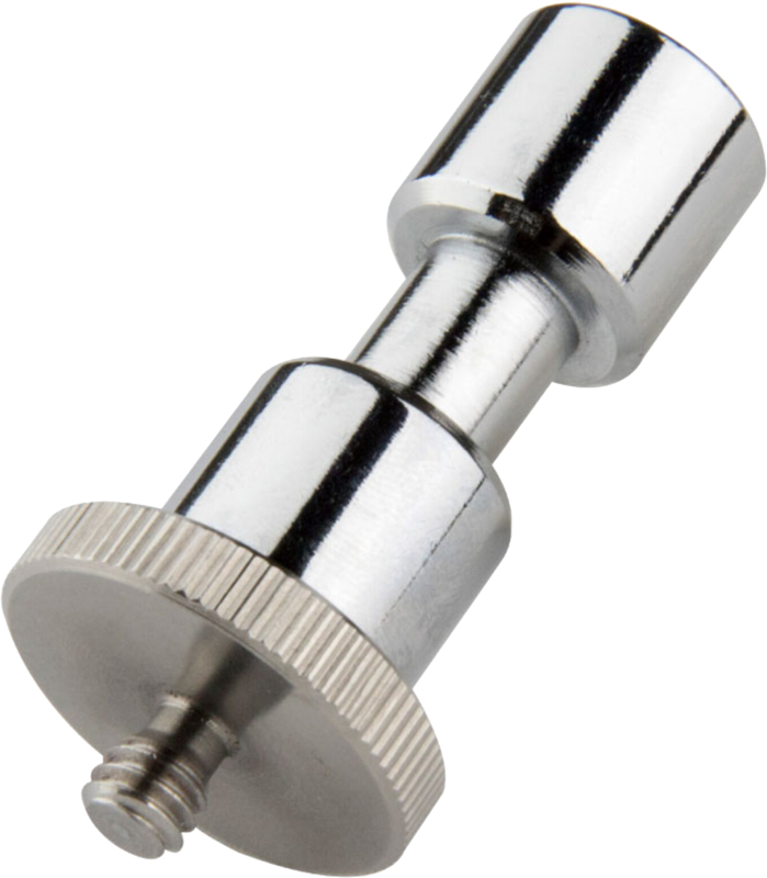 Kupo KS-113 17mm Spigot With 1/4''-20 Male Thread on metallinen sovitin, jossa on harjattu pyöreä pohja ja kierreruuvi, ihanteellinen kameroiden tai lisävarusteiden kiinnittämiseen jalustoihin tai muihin varusteisiin.