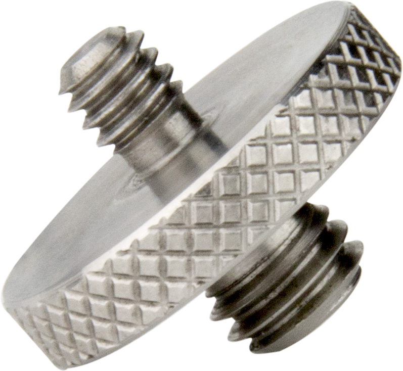 Lähikuva Kupo KS-123 Double Male Threaded Adapterista, jossa on 3/8" ja 1/4" kierteet ja nystyröity reuna, joka on suunniteltu laitteiden, kuten kameroiden tai jalustojen, liittämiseen.
