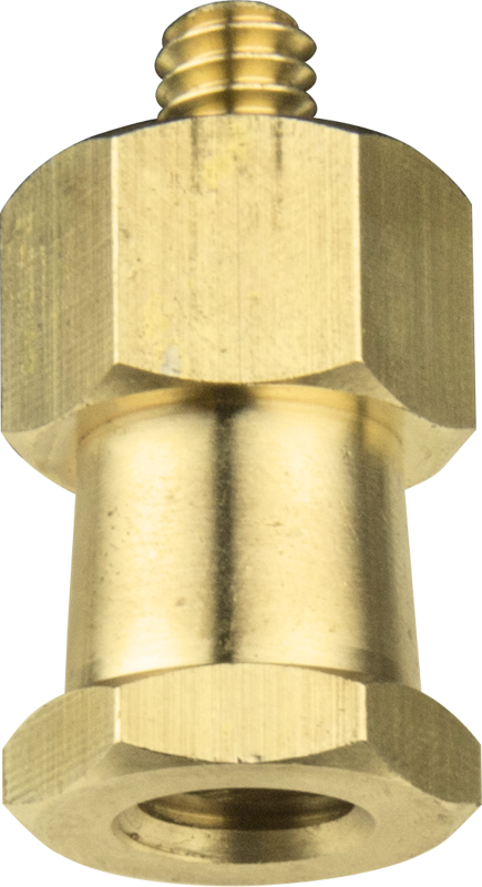 Kupo KS-130 Hex Adapter 3/8"-16F- ja 1/4"-20M-sovittimen lähikuva, jossa on kuusikulmaiset päät, messinkinen metallikullanvärinen viimeistely, sileä sylinterimäinen runko ja kierreosa yläosassa.