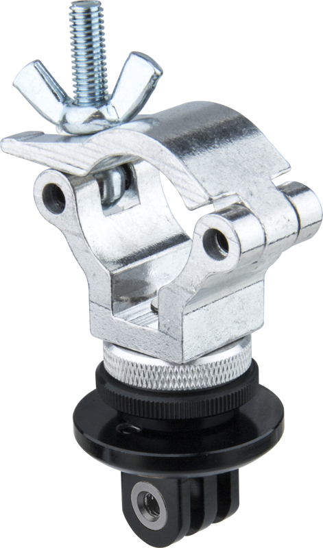 Kupo KS-131 Gopro Tripod Mount with 1" Coupler sisältää hopeanvärisen metallisen kiinnittimen, jossa on siipimutteriruuvi mustalla muovialustalla ja joka on suunniteltu kiinnittämään GoPron kaltaiset laitteet turvallisesti pylväisiin tai sauvoihin.