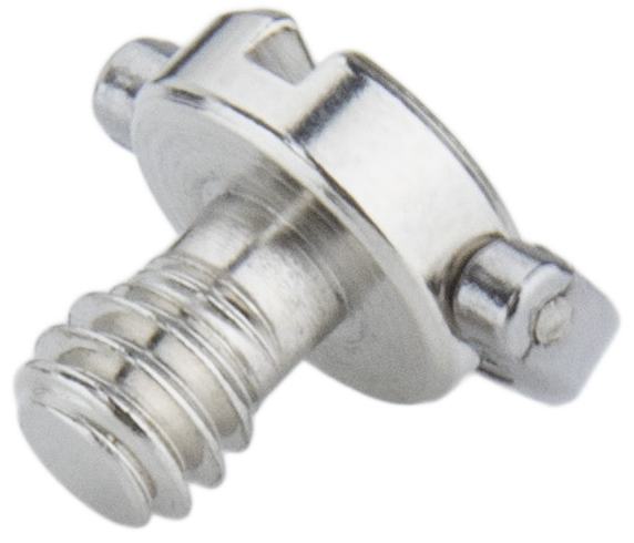 Lähikuva Kupo KS-135 1/4"-20 D-rengasruuvista, jossa on kiiltävä, hopeinen viimeistely, litteä urapää ja kiinnitetty D-rengaskahva, joka on helppo kiristää tai löysätä käsin. Myydään 5 kpl:n sarjana.