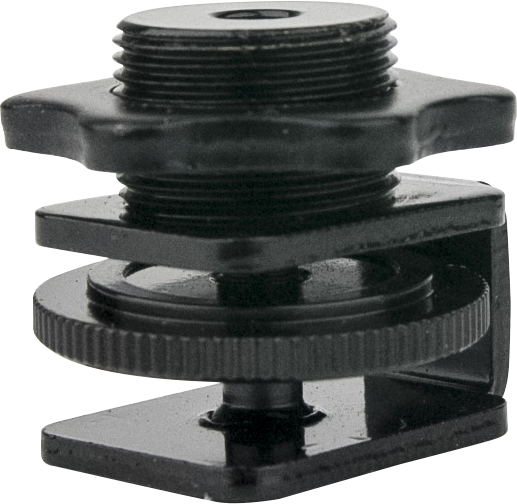 Lähikuva Kupo KS-140 Adapter with Cold Shoe for 5/8"-27, musta metallinen kameran lisävaruste, jossa on kierteitetyt ja uritetut kohdat sekä puristimen kaltainen pohja.