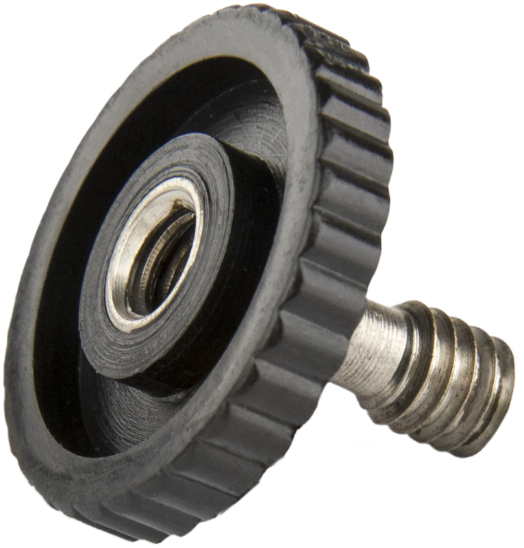 Lähikuva Kupo KS-141 1/4" uros 1/4" naarasruuvisovittimesta, jossa on metalliruuvi, jossa on suuri, pyöreä, musta harjattu muovinuppi, jota käytetään yleisesti peukaloruuvina tai kameran jalustakiinnityksessä.
