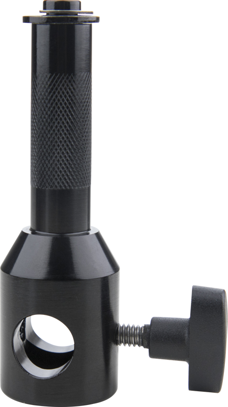 Kupo KS-152 Profoto Stand Adapter Plus 16mm (5/8") -jalustassa on musta metallirakenne, nupitettu sylinterimäinen kahva, leveä jalusta, jossa on pyöreä leikkaus, ja sivunuppi turvallista kiristystä varten, kaikki kuvassa tavallista taustaa vasten.