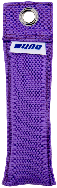Kupo KS-160P Makkara-kameramerkintä 6" (violetti) on kangaspussi, jonka yläosassa on metallinen läpivienti ja valkoinen etiketti, jossa on sininen "NUDO"-teksti.