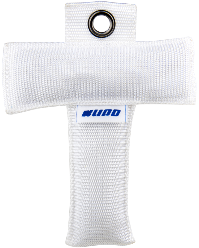 Kupo KS-168W Camera T Marker 6 "x8" (Valkoinen) on ristin muotoinen kangaslaastari, jossa on ylhäällä metallinen läpivienti ja keskellä sininen "KUDO"-merkintä.