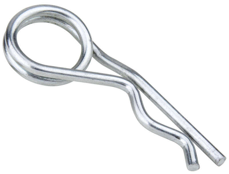 Lähikuva Kupo KS-169 Spring Type Safety Pin - R-clip (5 kpl:n sarja), hopeinen metallikiinnike, jota käytetään yleisesti koneiden tappien tai akselien kiinnittämiseen.