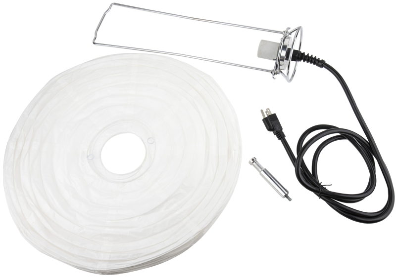 The KS-182 18" China Ball Bracket with E40 socket includes a white circular paper shade, a metal wire frame with attached socket and power cord, and a support rod, shown unassembled against a white background.