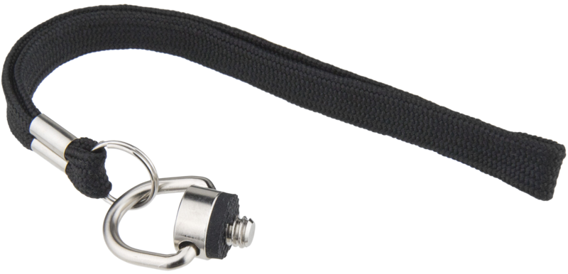 Kupo KS-185 Camera Wrist Strap with 1/4"-20 Screw on musta hihna, jossa on metallinen ruuvi ja D-rengas ja joka on suunniteltu kameroiden tai vastaavien laitteiden kiinnittämiseen.