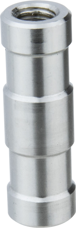 Kupo KS-186 Round Stud 3/8"-16F & 3/8"-16F on sylinterimäinen metallinen liitin, jossa on sileä hopeinen viimeistely ja kaksi uurrettua uraa.