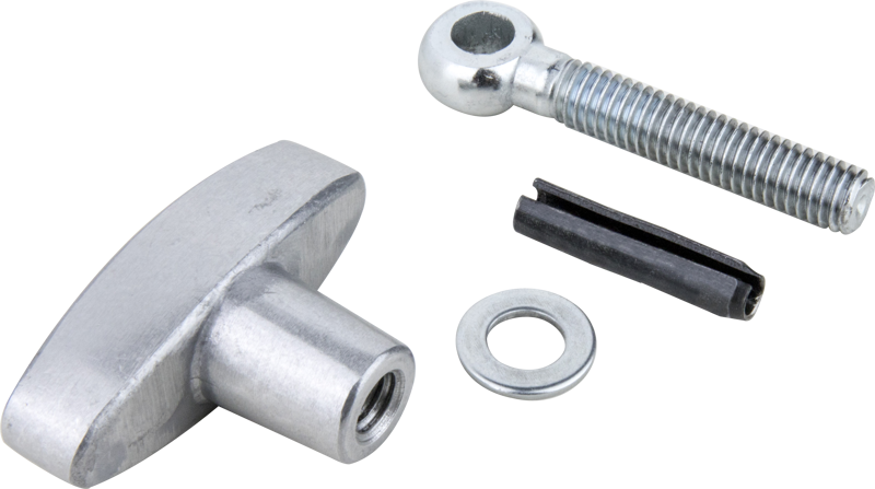 Kupo KS-192 Silmäpultti alumiinivalutapilla 3/8"-16F & 3/8"-16F sisältää hopeanvärisen T-kahvan, uritetun pultin, jossa on silmä, litteän aluslevyn ja mustan sylinteritapin tavallisella vaalealla pohjalla.