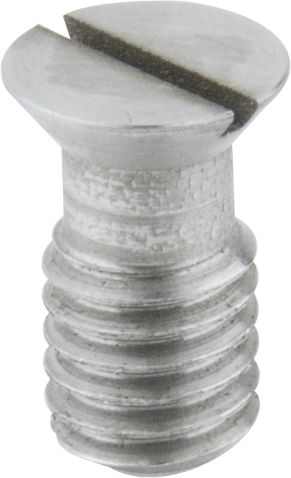 Lähikuva Kupo KS-196 Slotted Countersunk Head 3/8"-16 -ruuvista, jossa korostuu sen metallinen viimeistely, kierteitetty runko ja litteä yläosa, jossa on suora ura litteäkärkistä ruuvimeisseliä varten.