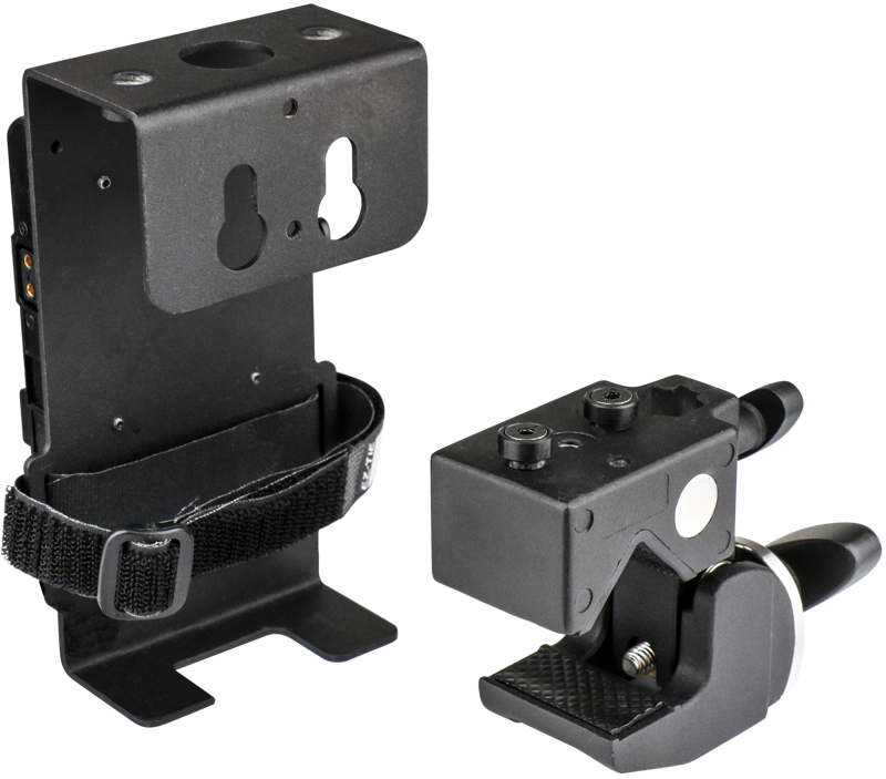 The Kupo KS-199 Multifunctional V-Mount Battery Mount Kit includes two black metal accessories: one with a hook strap and mounting holes, the other with adjustment knobs and a lever designed to stabilize or mount camera equipment.