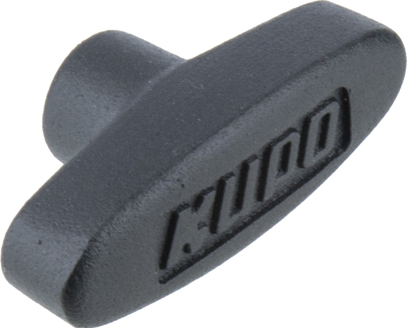 Musta, ovaalinmuotoinen Kupo KS-209 T-nuppi, jossa on 1/4"-20 sisäkierre ja kohokuvioitu KIND-logo.