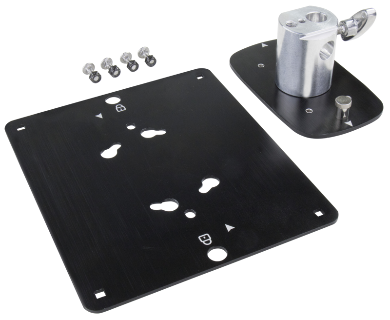 Kupo KS-232 Quick Release Adapter with Plate (18.5cm x 21.5cm) sisältää mustat asennuslevyt, esiporatut reiät, viisi ruuvia ja hopeanvärisen säädettävän metallikannattimen, kuvassa valkoisella pohjalla.