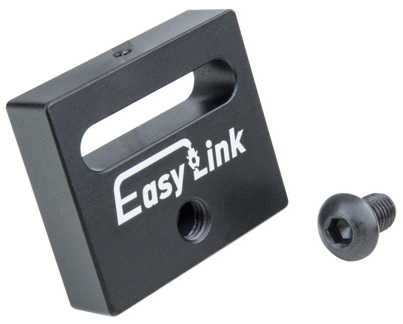 Kupo KS-237 Easylink: Easyrig Frog Clip Bracket on musta suorakaiteen muotoinen metallinen sovitin, jossa on ura- ja kierrereiät ja jossa on merkintä Easy Link, ja joka on kuvassa vaalealla pohjalla sopivan kuusiokoloruuvin vieressä.