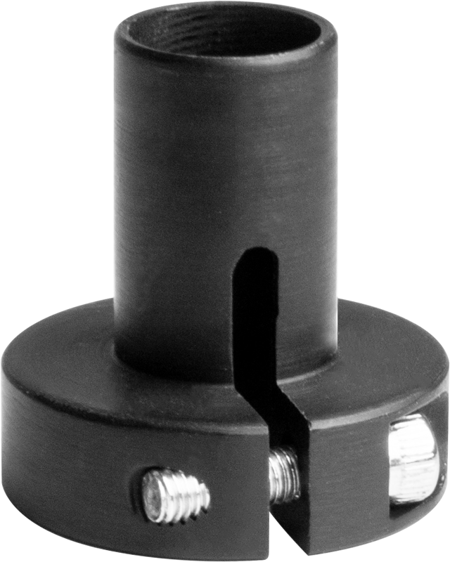 Kupo KS-238 Low Mode Bracket 3/4" adapteri (3 kpl) on musta metallinen sylinterimäinen adapteri, jossa on pyöreä pohja, pystysuora ura ja kaksi kuusiokantaruuvia kiinnikkeiden kiinnittämistä varten.