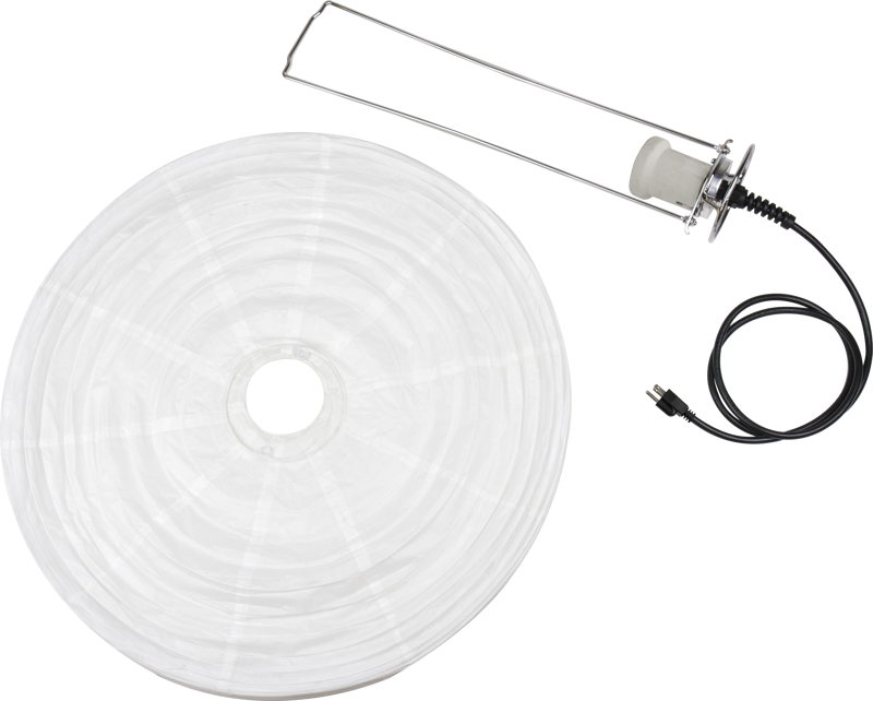 The KS-242 China Ball Bracket 24" with E40 and a white paper lantern has a flat white background and a metal lamp holder with attached power cord and plug.