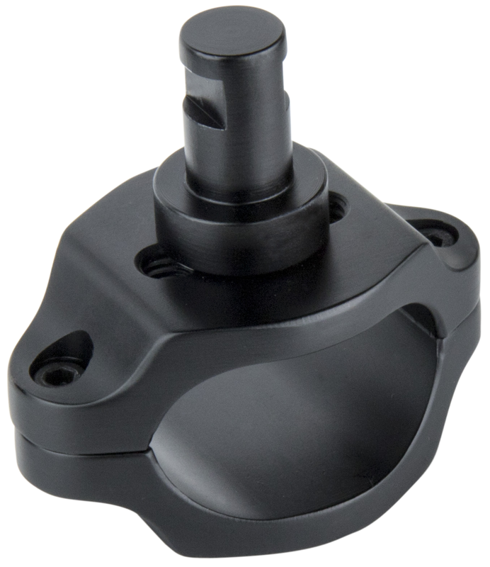 The Kupo KS-248 docking bracket for Easyrig stabilizers is a black metal bracket with a cylindrical pin and two screw holes for mounting or securing equipment, shown with a plain light-coloured background.