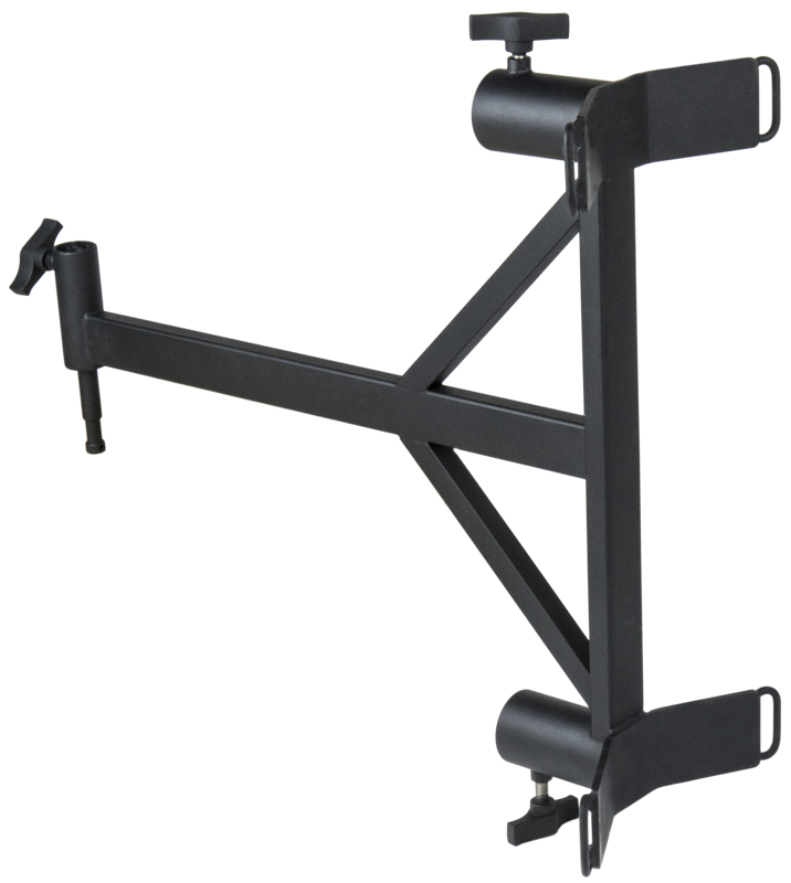 The Kupo KS-253 Column Arm is a black adjustable metal bracket with two large clamps, support rods and tension knobs, designed to securely attach to flat surfaces or structures.