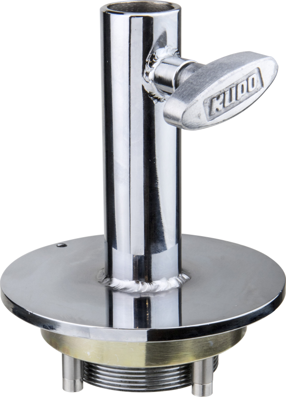 Kiiltävä metallinen Kupo KS-258 Mitchellin pyöreä asennuslevy, jossa on lieriömäinen runko, pyöreä pohja ja suuri 1-1/8" (28mm) Junior-vastaanottimen kahva, joka on suunniteltu asennus- ja ohjaussovelluksiin.