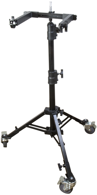 Kupo KS-259 Gimbals Docking Bracket on musta, säädettävä kolmella telapyörällä ja keskimmäisellä kiinnitystolpalla varustettu kolmijalkainen jalusta, joka on suunniteltu tukemaan kameroiden tai valojen kaltaisia laitteita.