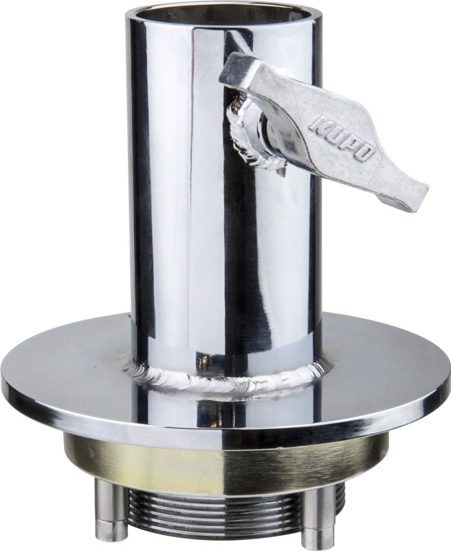 Kupo KS-260 Mitchell Round Mounting Plate and Receiver includes a polished metal trim, vertical cylindrical tube, round base with weld markings, side lever handle and threaded bottom for 1-1/2 inch installation.