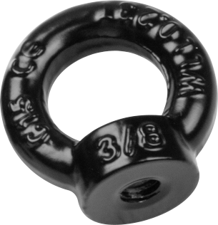 The Kupo KS-268 ring nut 3/8"-16 steel (black) has embossed text and a threaded hole in the bottom, designed to securely fasten to bolts or pins. Its black metallic round shape stands out against a light background.