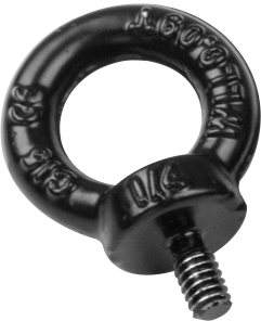 Close-up of Kupo KS-269 ring nut 1/4"-20 x 12mm, black metal lifting eye bolt with threaded end for attaching hooks or ropes. Its round ring is embossed with the weight capacity and size.