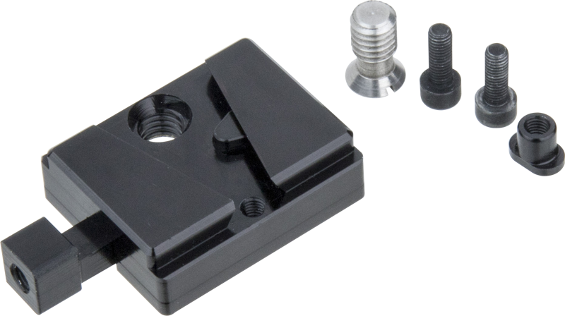 Kupo KS-271 V-Lock Base, black metal mounting plate with sliding clamp, shown with four screws and a small metal nut on a light coloured base.