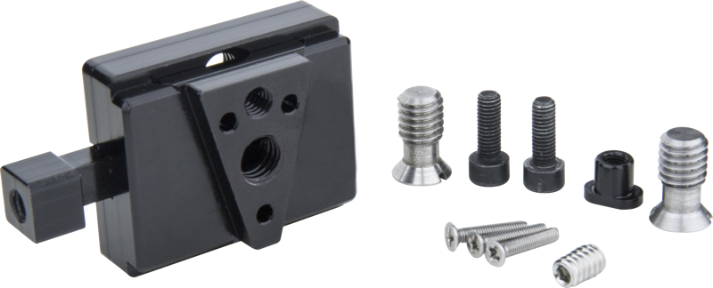 The Kupo KS-273 V-Lock Set, which includes a black metal mounting bracket with screw holes, is presented on a light-coloured background with screws, bolts and fasteners of various shapes and sizes.