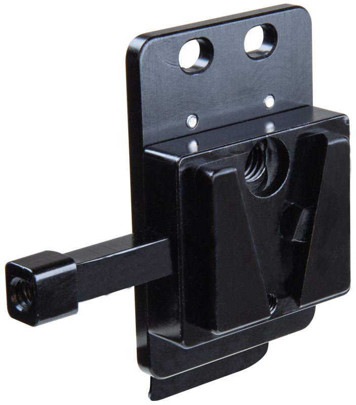 Kupo KS-274 V-Mount battery clip mounting plate with black rectangular metal base, two screw holes at the top and a protruding horizontal locking rail on the left side, insulated with a white base.