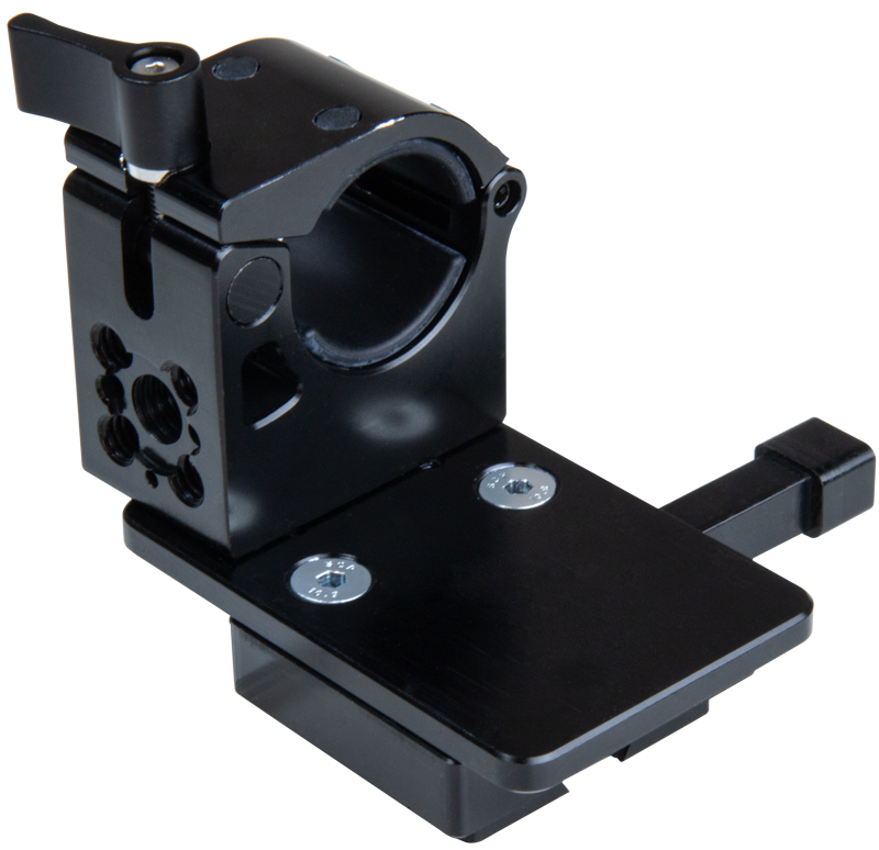 The Kupo KS-276 Tube Mounting Coupler with V-Mount Battery Adapter includes a black metal bracket with a round clamp, flat base and multiple holes; it is designed to hold cylindrical objects and securely mount V-Mount batteries.