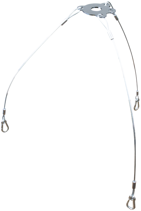 The Kupo KS-277 Space Light Skirt Mounting Bracket has three steel cables with looped ends extending from the central metal plate to form a Y-shaped suspension system for hanging space lights or similar fixtures.