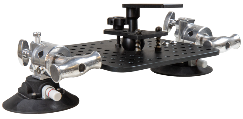 The Kupo KS-278 Cheese Plate Baby Adapter is a metal mounting plate with multiple holes and features two adjustable suction cups and clamps to hold appliances securely in place on smooth surfaces.