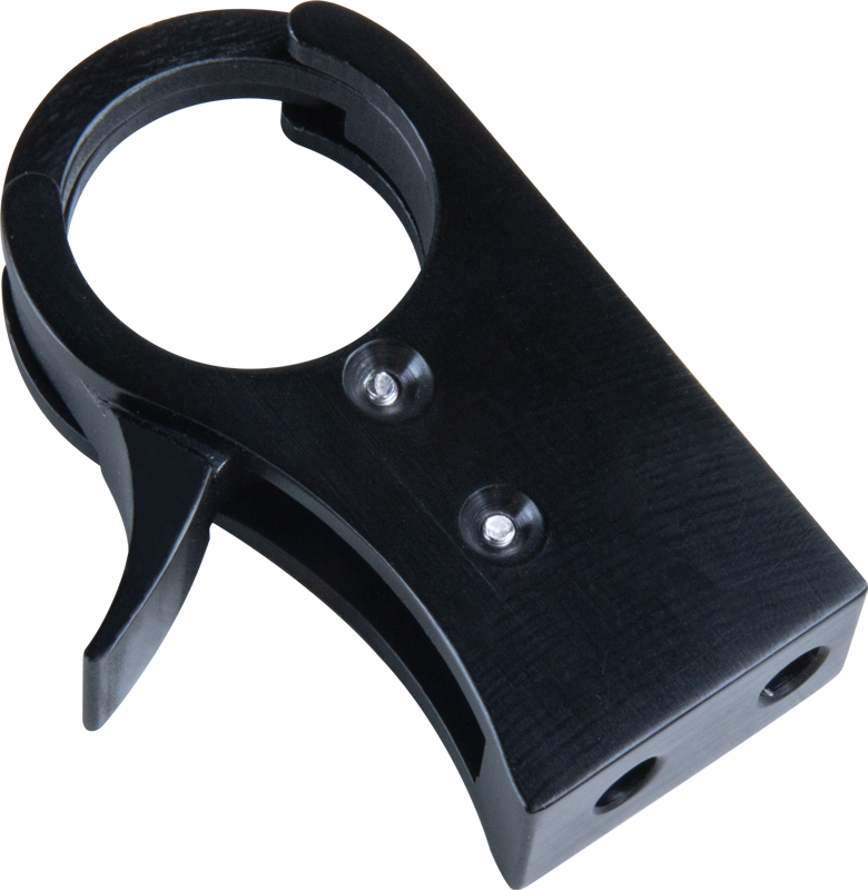 Close-up of the Kupo KS-280 Press Snap Clip, a black metal clamp with a circular opening, lever, two screw holes and 1/4"-20 internal thread for attachment to a pipe or rod.