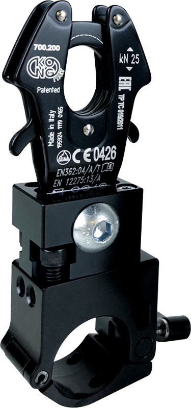 Kupo KS-282 Frog Locking Carabiner Set is a black industrial connector for diameters 25-30 mm with locking mechanism and certification markings. It is ideal for securing equipment or supporting loads up to 25 kN.