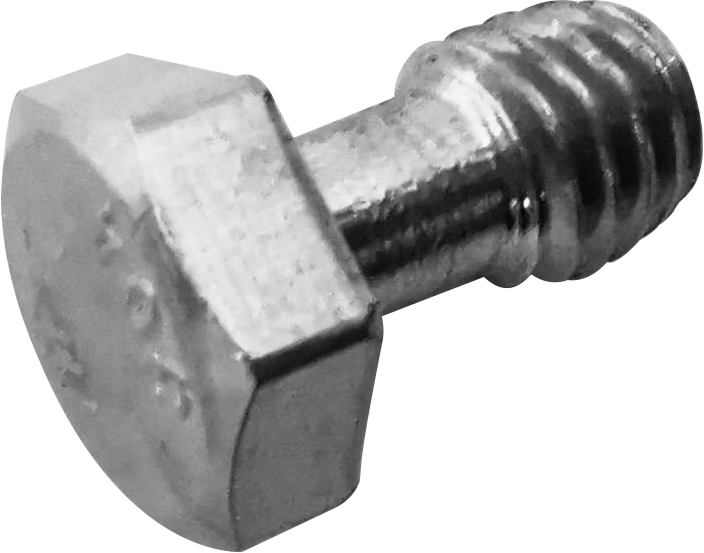 Lähikuva Kupo KS-288 3/8"-16 x 5/8" ruostumattomasta teräksestä valmistetusta kuusikulmaisesta ruuvista, jossa on kierteitetty pää ja litteä kuusikulmainen pää, vaaleaa taustaa vasten.