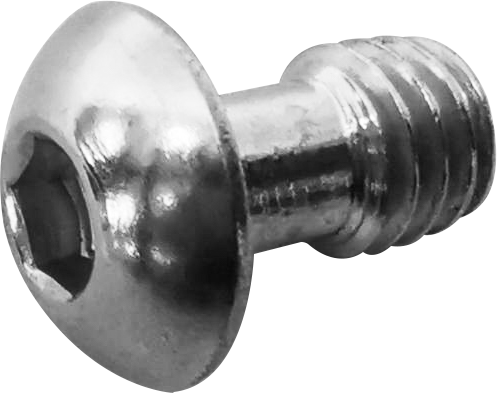 Lähikuva Kupo KS-289 3/8"-16 x 5/8" ruostumattomasta teräksestä valmistetusta kuusiokoloruuvista, jossa näkyy sen pyöreä pää ja kierteitetty akseli valkoista taustaa vasten.